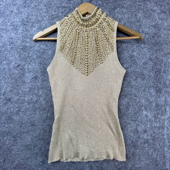 Vintage Cache Sweater Women S Beige Beaded Pearl Metallic Y2K Glam Boho Chic - Picture 1 of 7